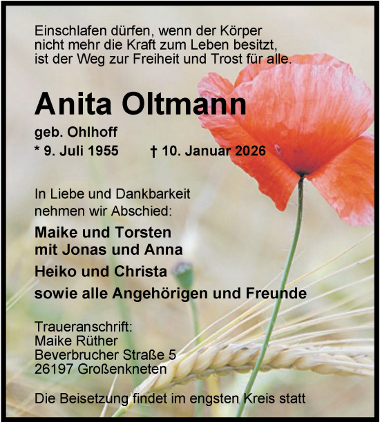 Traueranzeige von Anita Oltmann von Nordwest-Zeitung