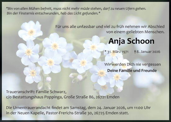 Traueranzeige von Anja Schoon von Emder Zeitung