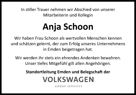 Traueranzeige von Anja Schoon von Emder Zeitung