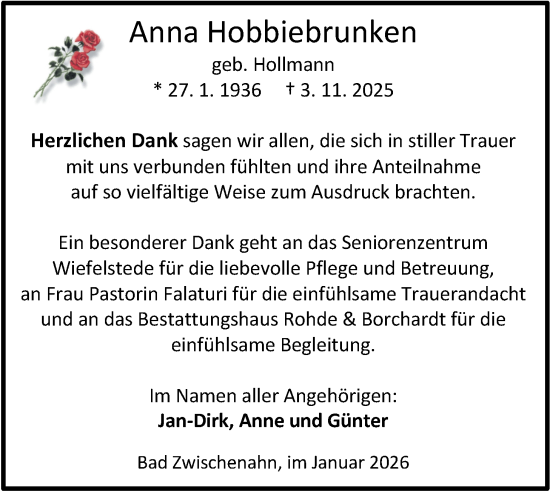 Traueranzeige von Anna Hobbiebrunken von Nordwest-Zeitung