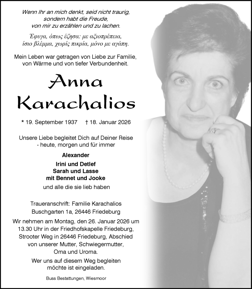  Traueranzeige für Anna Karachalios vom 24.01.2026 aus WZ/JW/AH