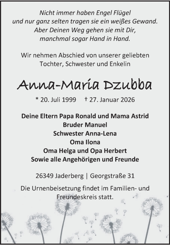 Traueranzeige von Anna-Maria Dzubba von Nordwest-Zeitung