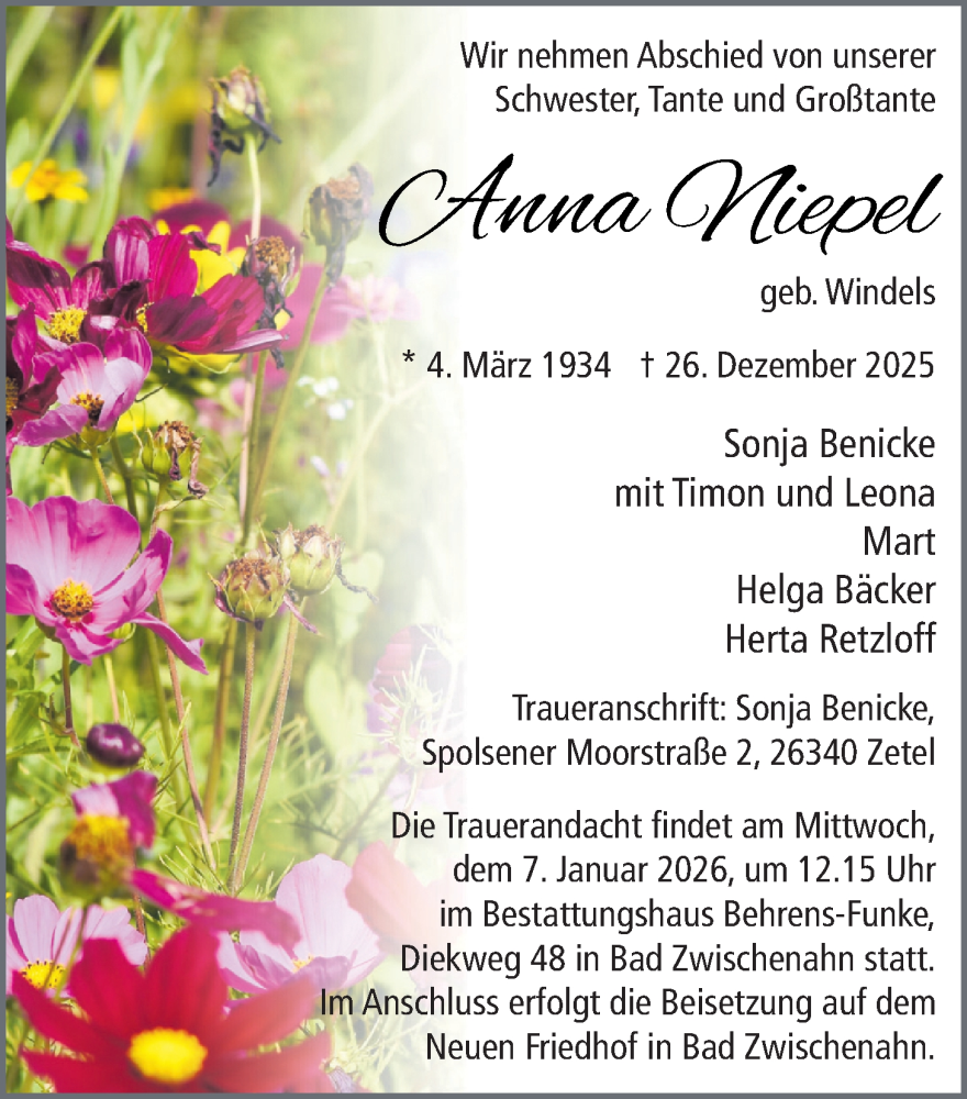  Traueranzeige für Anna Niepel vom 03.01.2026 aus Nordwest-Zeitung