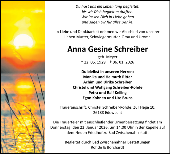 Traueranzeige von Anna Gesine Schreiber von Nordwest-Zeitung