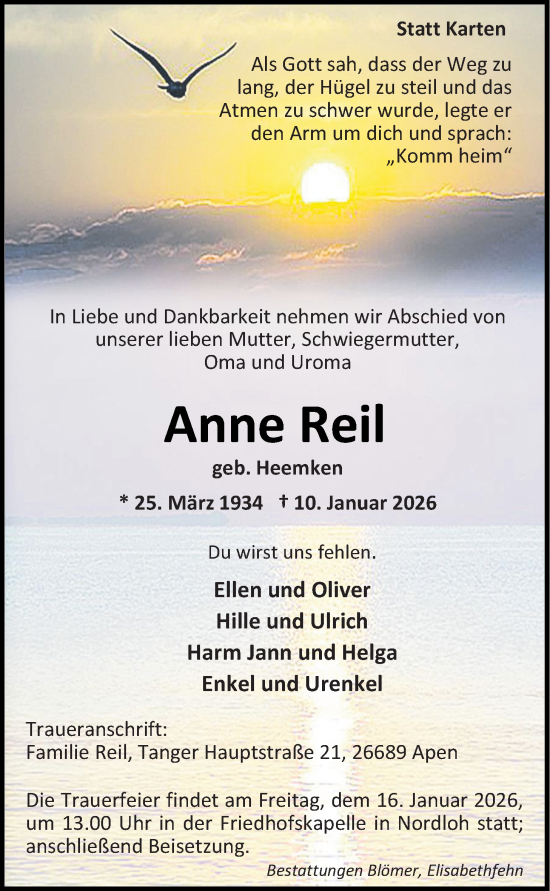 Traueranzeige von Anne Reil von Nordwest-Zeitung