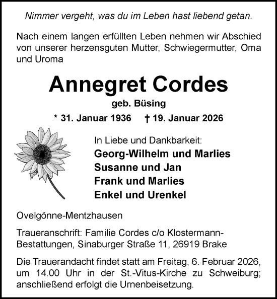 Traueranzeige von Annegret Cordes von Nordwest-Zeitung