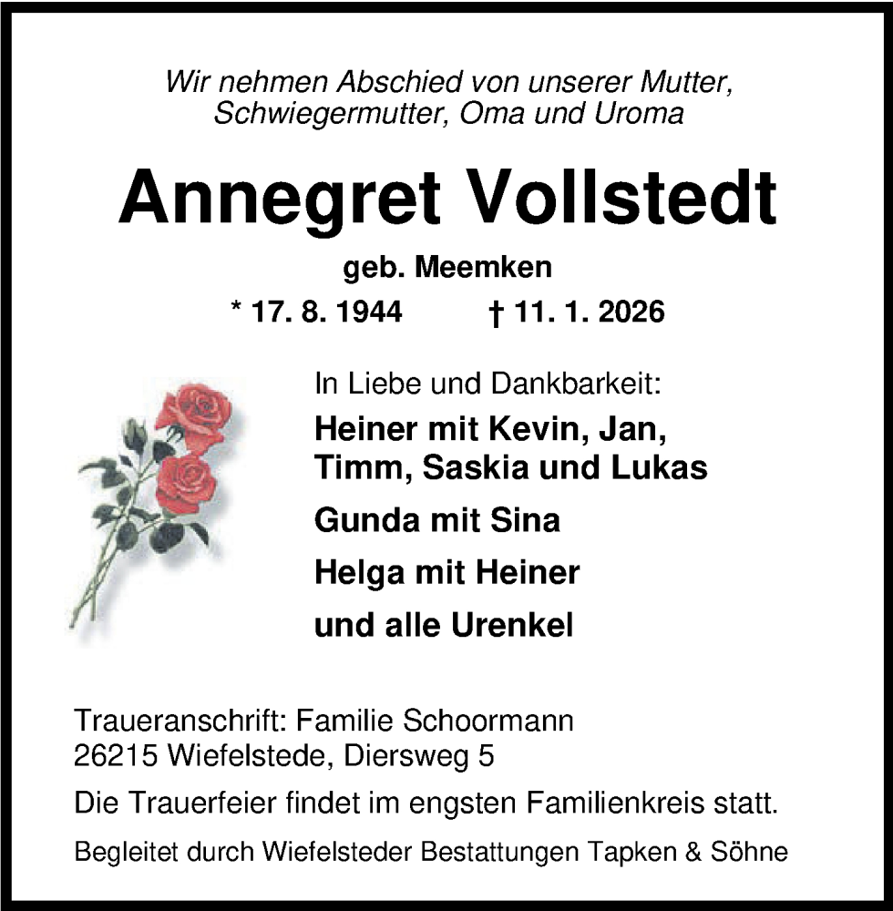  Traueranzeige für Annegret Vollstedt vom 17.01.2026 aus Nordwest-Zeitung