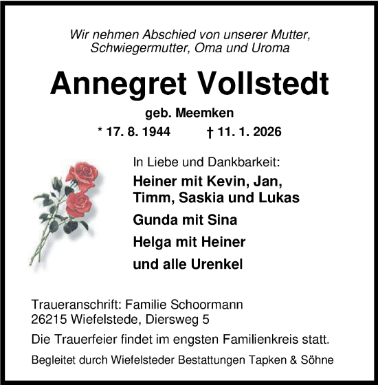 Traueranzeige von Annegret Vollstedt von Nordwest-Zeitung