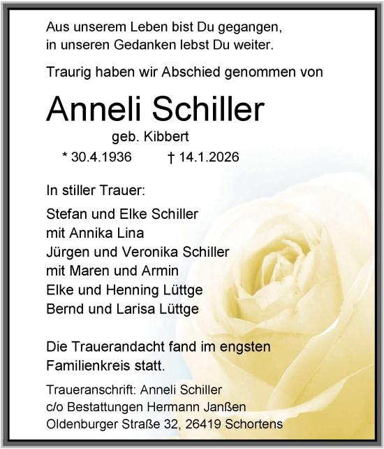 Traueranzeige von Anneli Schiller von WZ/JW/AH