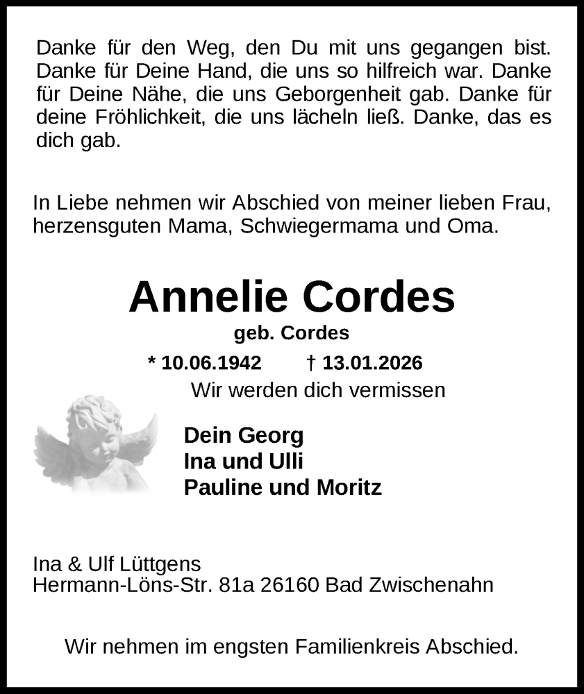  Traueranzeige für Annelie Cordes vom 20.01.2026 aus Nordwest-Zeitung