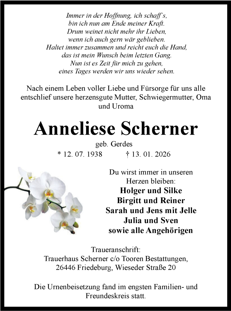  Traueranzeige für Anneliese Scherner vom 31.01.2026 aus WZ/JW/AH