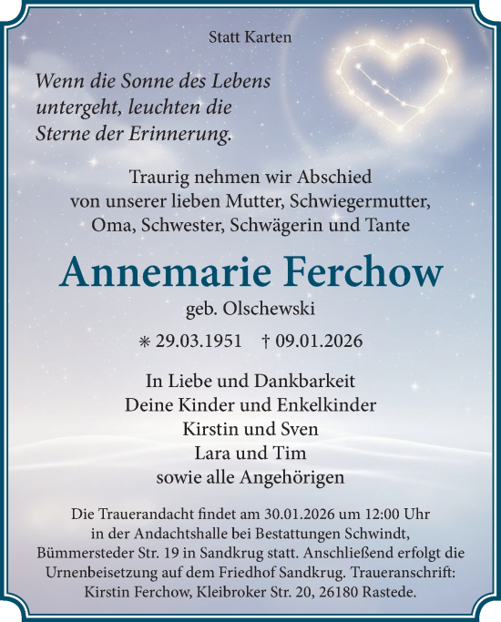 Traueranzeige von Annemarie Ferchow von Nordwest-Zeitung