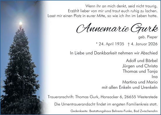 Traueranzeige von Annemarie Gurk von Nordwest-Zeitung