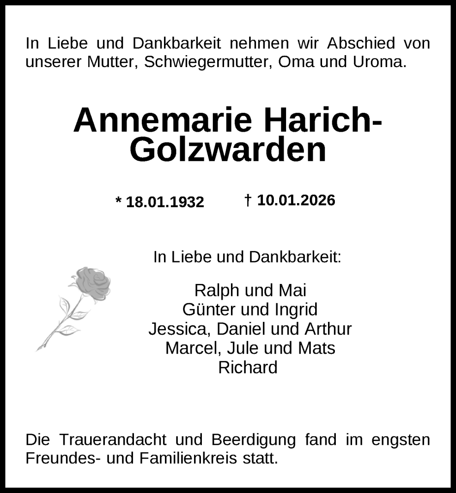  Traueranzeige für Annemarie Harich-Golzwarden vom 23.01.2026 aus Nordwest-Zeitung