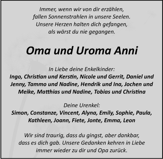 Traueranzeige von Anni Schreiber von Nordwest-Zeitung