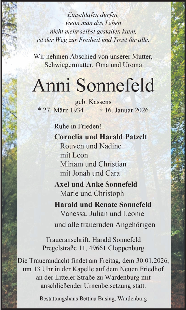  Traueranzeige für Anni Sonnefeld vom 24.01.2026 aus Nordwest-Zeitung