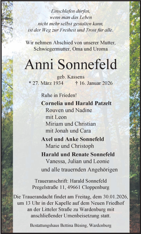 Traueranzeige von Anni Sonnefeld von Nordwest-Zeitung