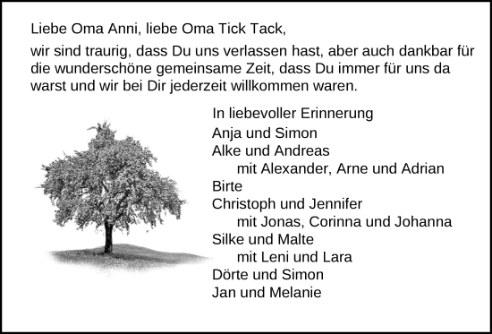 Traueranzeige von Anni Stalling von Nordwest-Zeitung