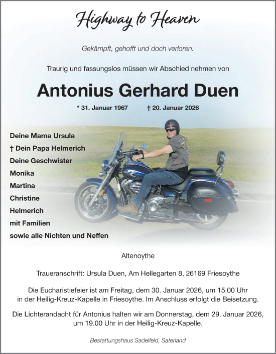Traueranzeige von Antonius Gerhard Duen von Nordwest-Zeitung