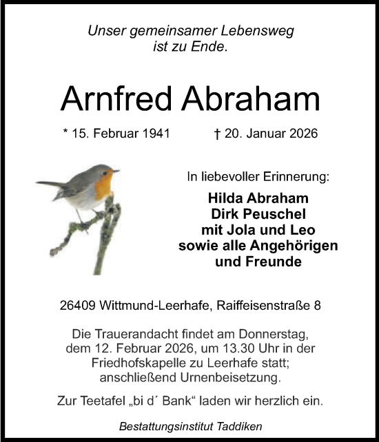 Traueranzeige von Arnfred Abraham von WZ/JW/AH
