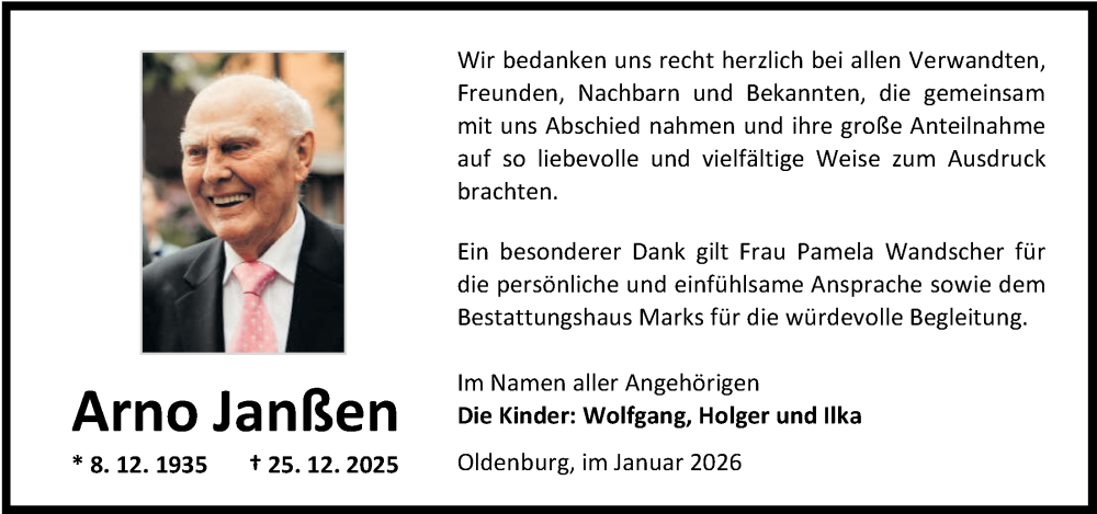  Traueranzeige für Arno Janßen vom 31.01.2026 aus Nordwest-Zeitung