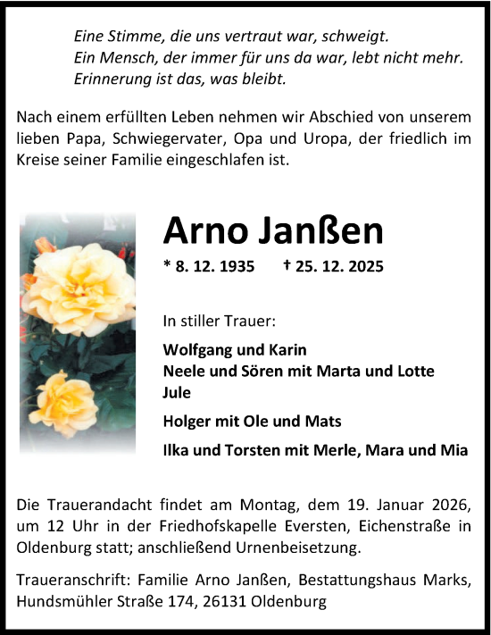 Traueranzeige von Arno Janßen von Nordwest-Zeitung
