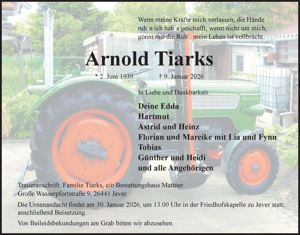 Traueranzeige für Arnold Tiarks vom 17.01.2026 aus WZ/JW/AH