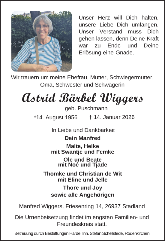 Traueranzeige von Astrid Bärbel Wiggers von Nordwest-Zeitung