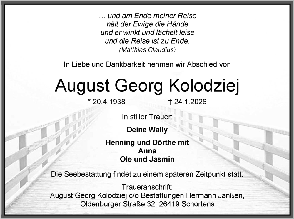  Traueranzeige für August Georg Kolodziej vom 31.01.2026 aus WZ/JW/AH
