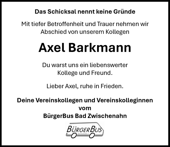 Traueranzeige von Axel Barkmann von Nordwest-Zeitung