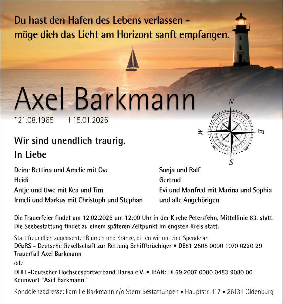  Traueranzeige für Axel Barkmann vom 24.01.2026 aus Nordwest-Zeitung
