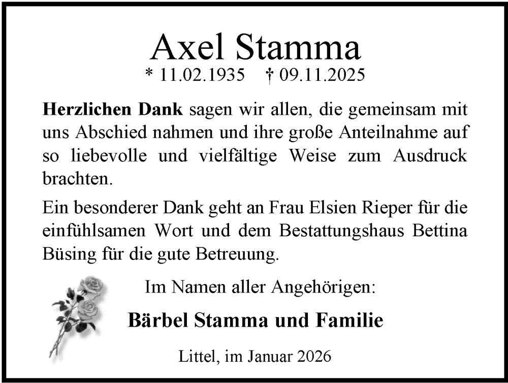  Traueranzeige für Axel Stamma vom 03.01.2026 aus Nordwest-Zeitung