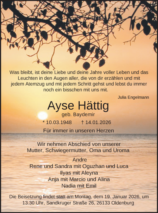 Traueranzeige von Ayse Hättig von Nordwest-Zeitung
