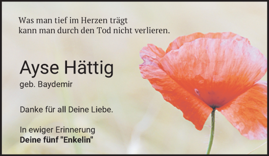 Traueranzeige von Ayse Hättig von Nordwest-Zeitung