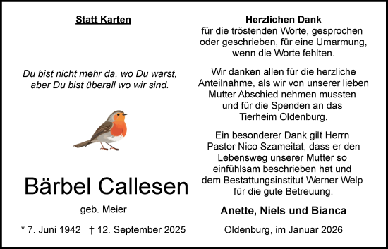 Traueranzeige von Bärbel Callesen von Nordwest-Zeitung