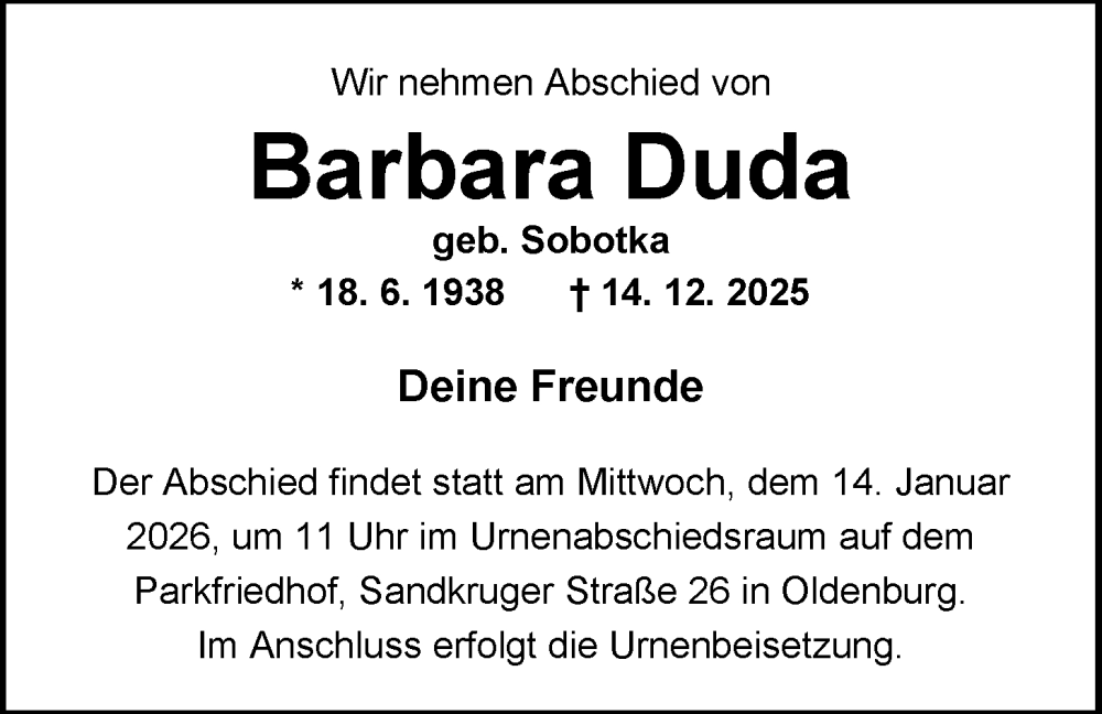  Traueranzeige für Barbara Duda vom 10.01.2026 aus Nordwest-Zeitung