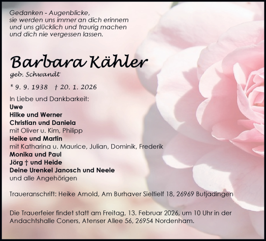 Traueranzeige von Barbora Kähler von Nordwest-Zeitung