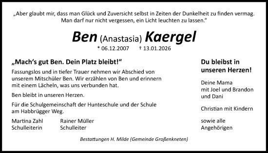 Traueranzeige von Ben Kaergel von Nordwest-Zeitung
