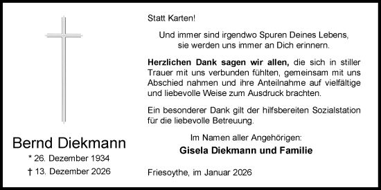 Traueranzeige von Bernd Diekmann von Nordwest-Zeitung