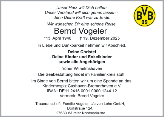 Traueranzeige von Bernd Vogeler von WZ/JW/AH