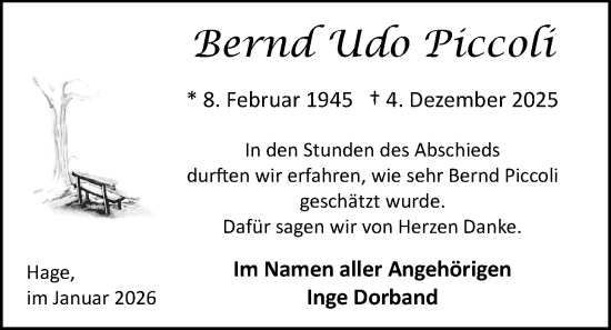 Traueranzeige von Bernd Udo Piccoli von Emder Zeitung
