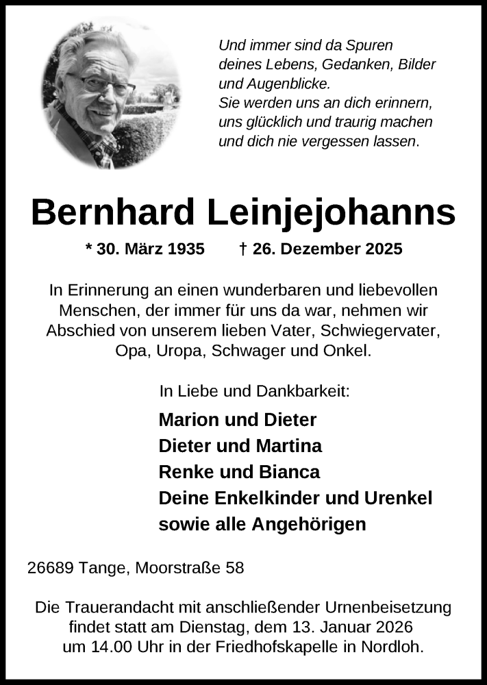 Traueranzeige für Bernhard Leinjejohanns vom 02.01.2026 aus Nordwest-Zeitung