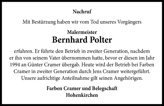 Traueranzeige von Bernhard Polter von WZ/JW/AH