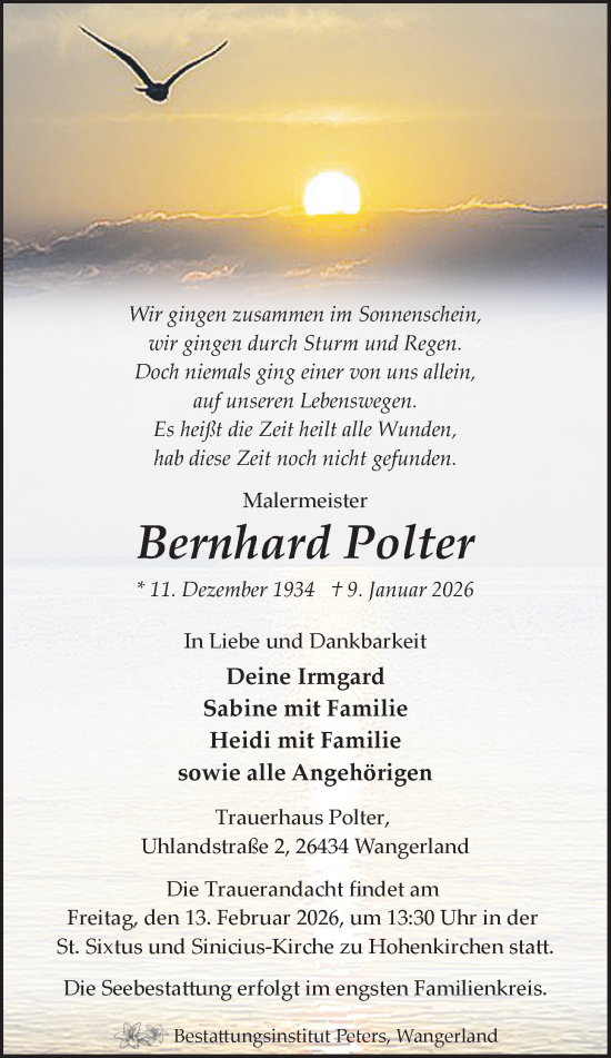 Traueranzeige von Bernhard Polter von WZ/JW/AH