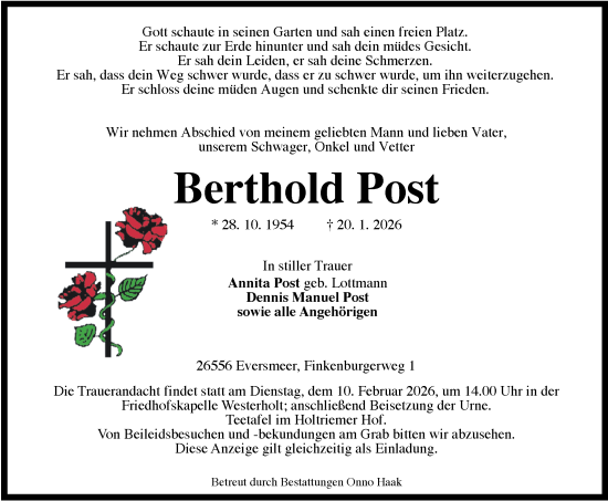 Traueranzeige von Berthold Post von WZ/JW/AH