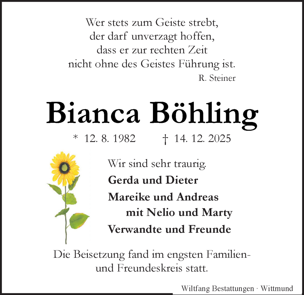  Traueranzeige für Bianca Böhling vom 07.01.2026 aus Nordwest-Zeitung