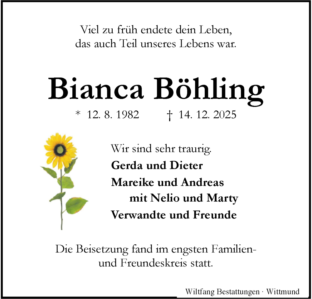  Traueranzeige für Bianca Böhling vom 07.01.2026 aus WZ/JW/AH