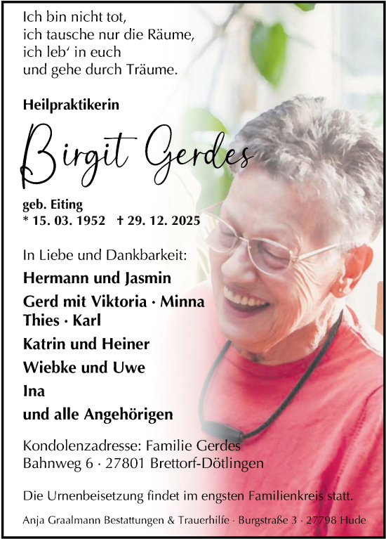 Traueranzeige von Birgit Gerdes von Nordwest-Zeitung