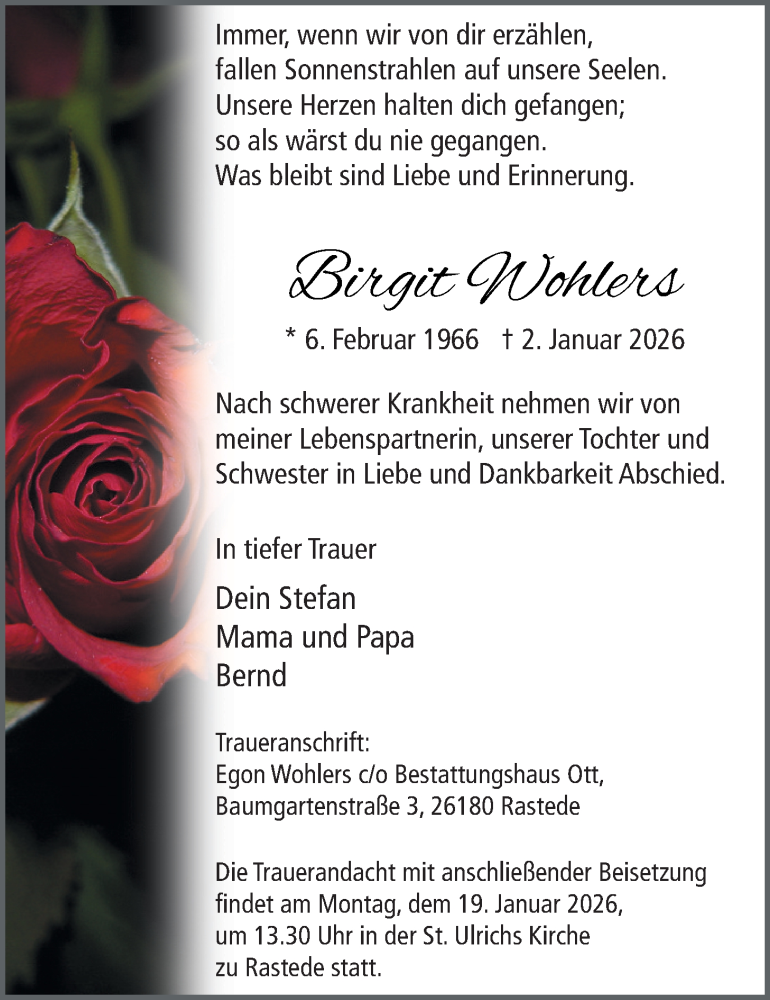  Traueranzeige für Birgit Wohlers vom 10.01.2026 aus Nordwest-Zeitung