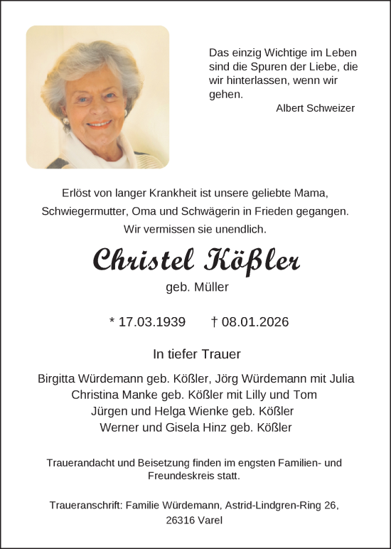 Traueranzeige von Christel Kößler von Nordwest-Zeitung